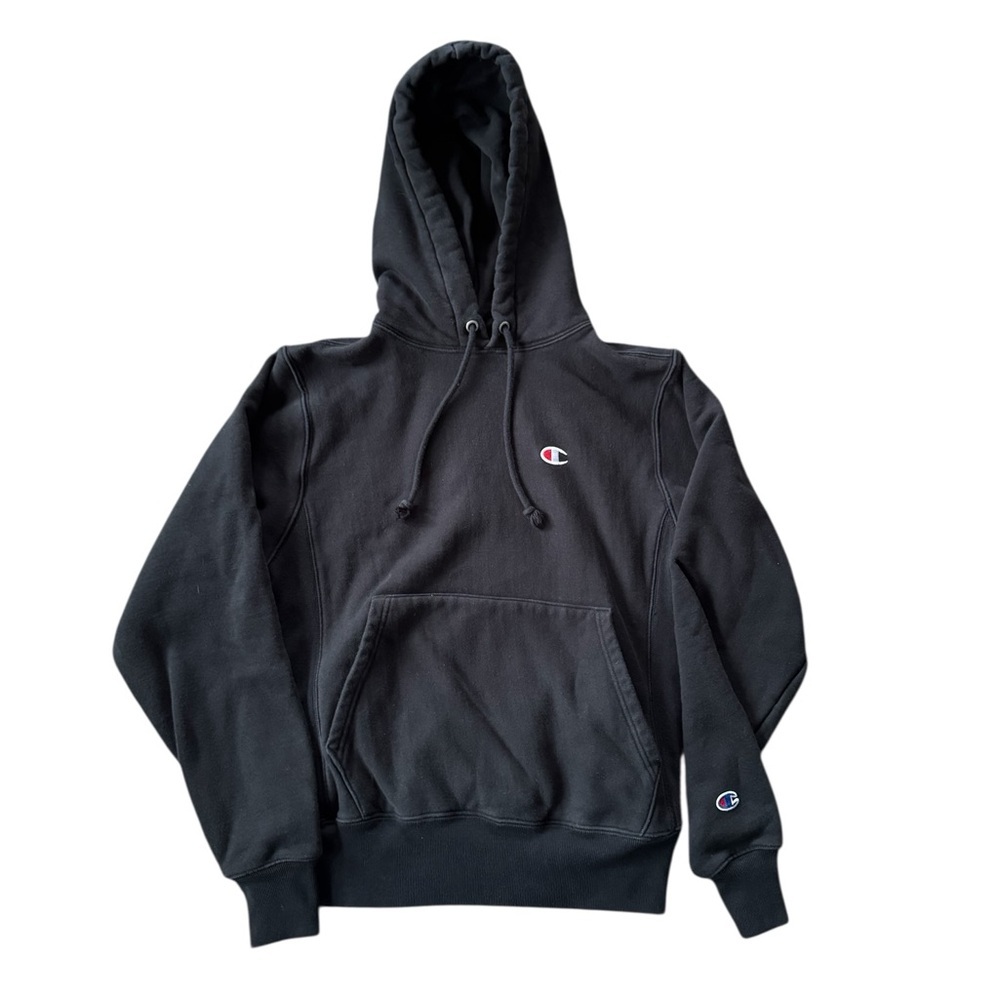 Champion Reverse Weave Hoodie Mens Small Black Pullover Sweatshirt Logo
